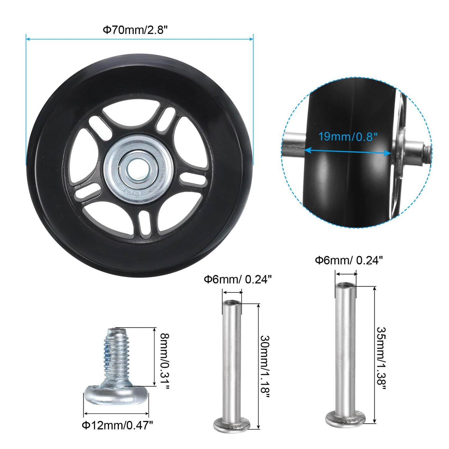 uxcell Luggage Wheels Replacement 70 x 19mm/2.8" x 0.8" Rubber Swivel Caster Bearing Wheels Repair Kits for Suitcase Inline Outdoor Skate, Black 1Set