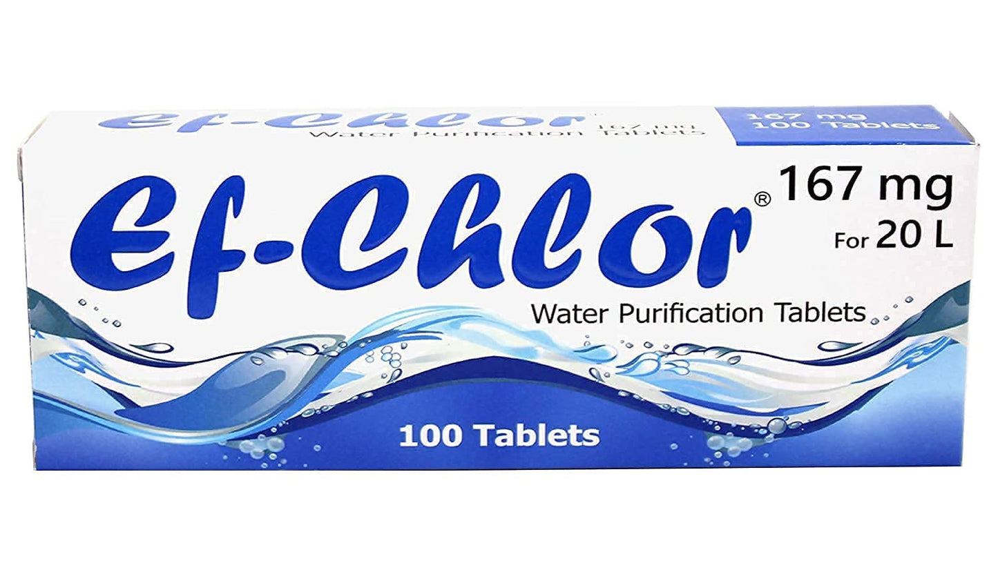 Ef-Chlor Water Purification Tablets/Drops (167 mg - 100 Tablets) - Potable Water Treatment Ideal for Emergencies, Survival, Travel, and Camping, Purifies (5.2-6.6) Gallons Water in 1 Tablet