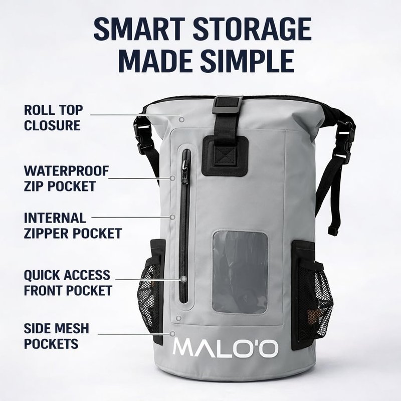 Malo’o 30L Waterproof Dry Bag Backpack – Roll Top Heavy Duty 500D PVC Dry Pack with Padded Straps, IPX6 Waterproof, Keeps Gear Dry for Kayaking, Fishing, Beach, Camping & Travel