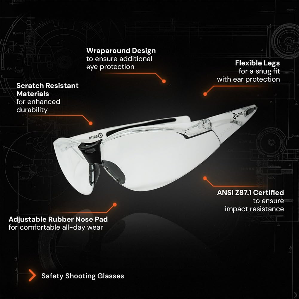 GRITR Shooting Glasses - ANSI Z87.1 Safety Glasses w/Anti-Fog Lenses - Scratch Resistant Protective Eyewear for Shooting Range, Sports, Work, Indoor & Outdoor Activities, Transparent Frame