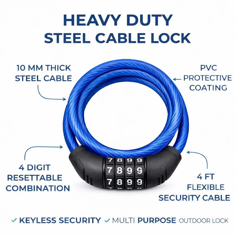 Bike Lock Cable 4 Ft Resettable Combination Bicycle Lock 10mm Steel for Bikes Scooters Gates Outdoor Use Blue