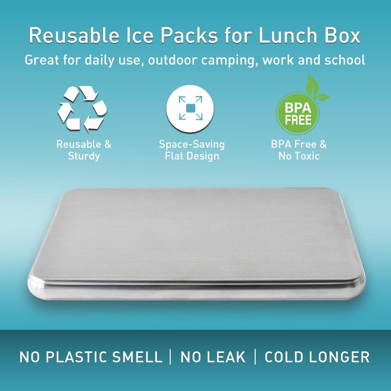 Stainless Steel Ice Packs for Lunch Box, Set of 2 Long Lasting Freezer Packs for Coolers, Reusable Metal Ice Packs for Camping to Keep Food and Drinks Fresh and Cool (SS-2 Pack)