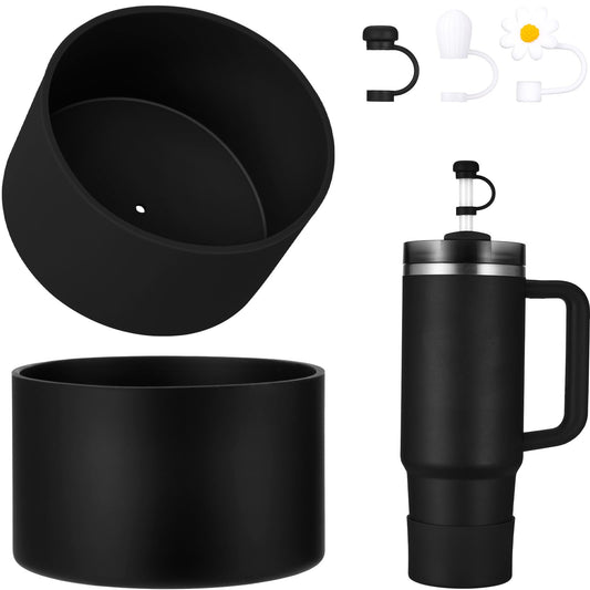 DUNLAGUE 2-Piece Silicone Boot for Stanley Quencher H2.0 20 30, 40oz & IceFlow Flip 20 30oz Tumblers with 3-Piece Straw Cover Cap, Stanley Cup Accessories Set, Black