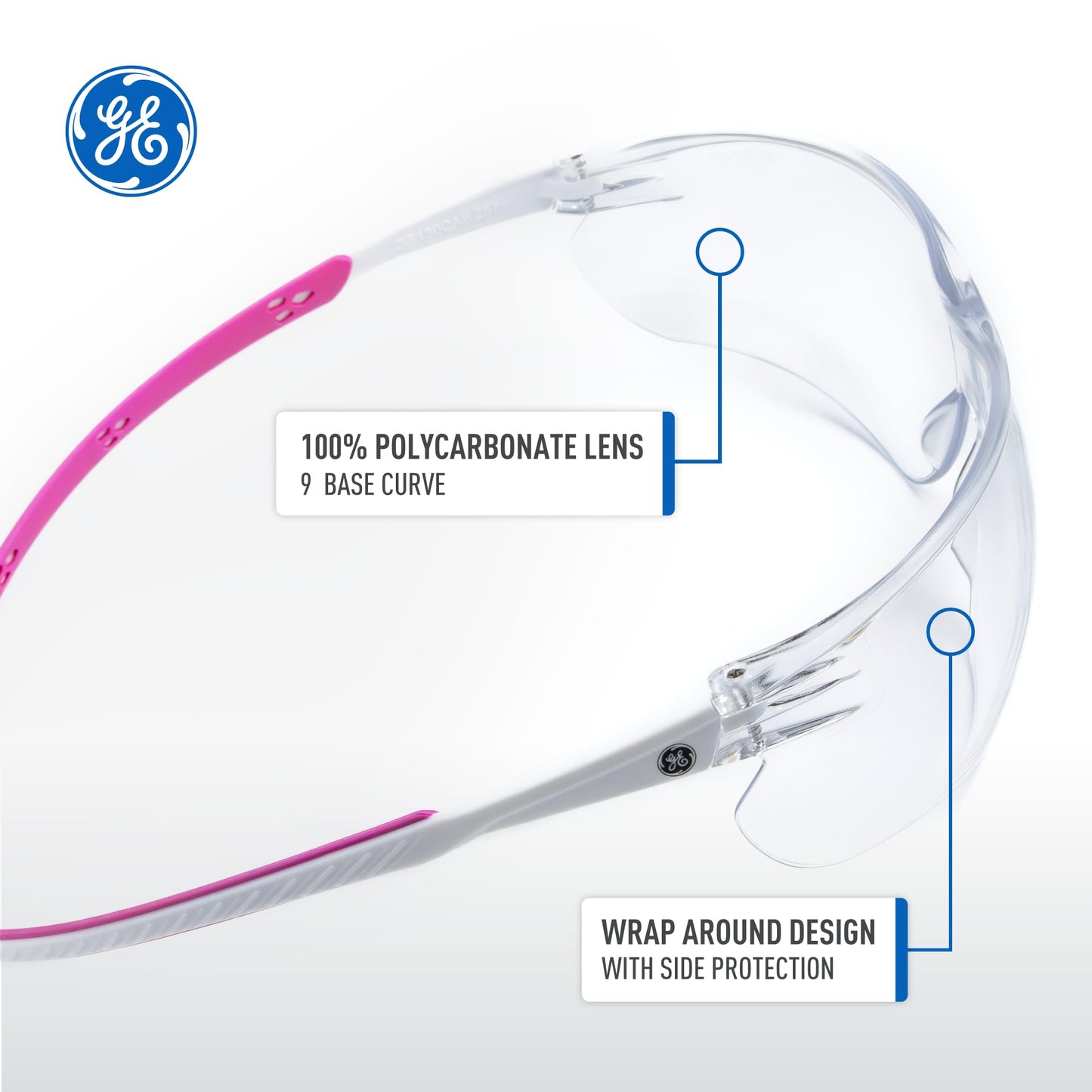 GE Safety Glasses - Scratch-Resistant Durability, Clear Protective Lenses, UV Shielding, Eye Protection, Outdoor, Indoor, Labs & Construction Safety Work Glasses for Men and Women - White/Pink