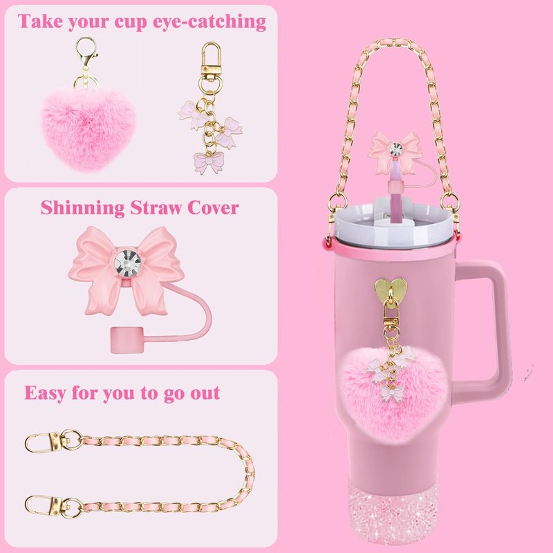 Stanley Cup Accessories for 40oz & 30oz Tumbler,include Bling Bowknot Straw Topper Cover Decoration, Heart Shape Pompom Ball,Leather Water Bottle Handle Strap,Shinning Stanley Cup Boot,Charms (Pink)
