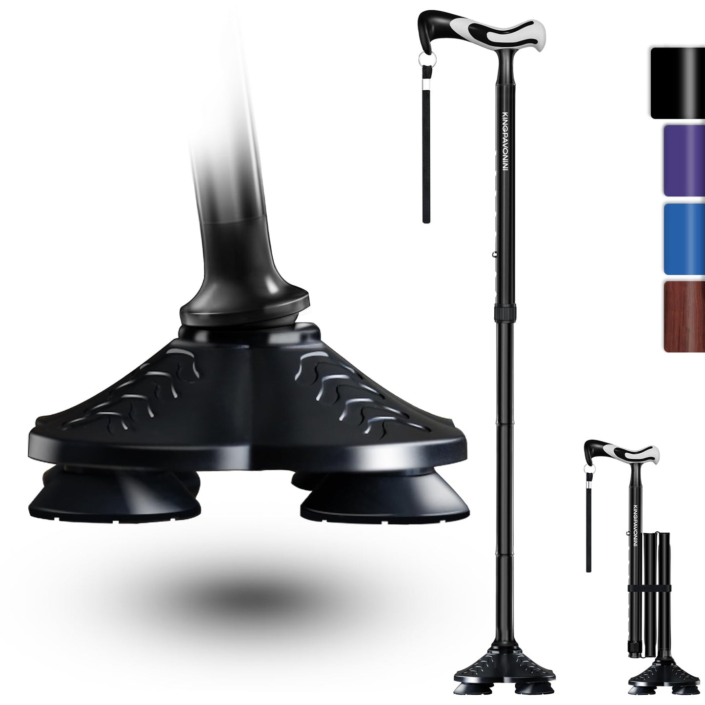 KingPavonini Walking Cane for Men Women Stability, Self Standing, Black