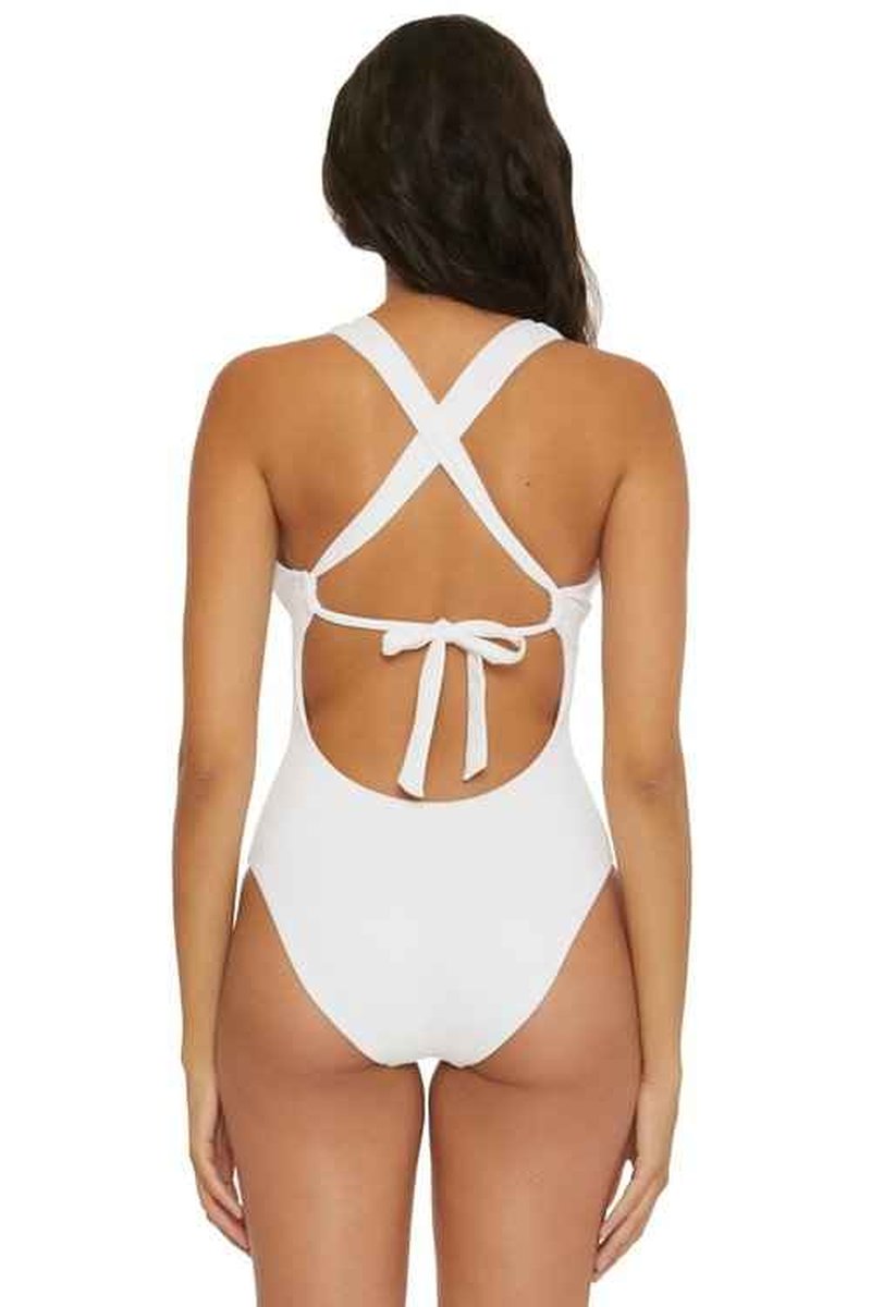 BECCA Women's Standard Modern Edge One Piece Swimsuit, Plunge Neck, Criss Cross, Bathing Suits, White, Small
