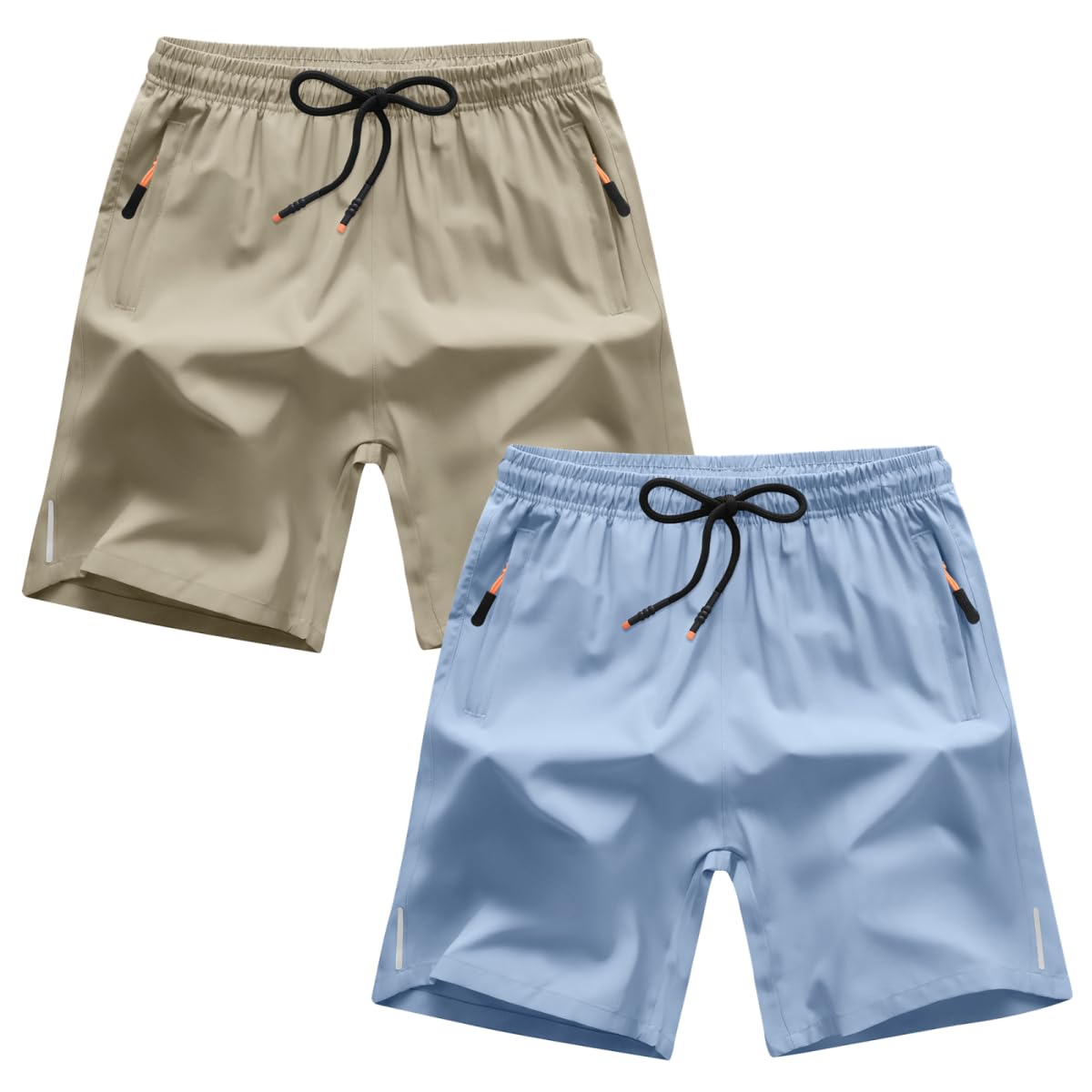 ANHDM Boys Athletic Shorts Quick Dry Sport Shorts Lightweight Running Shorts with Zipper Pockets (Pack of 2), B/Khaki&Grey Blue, 11-12T