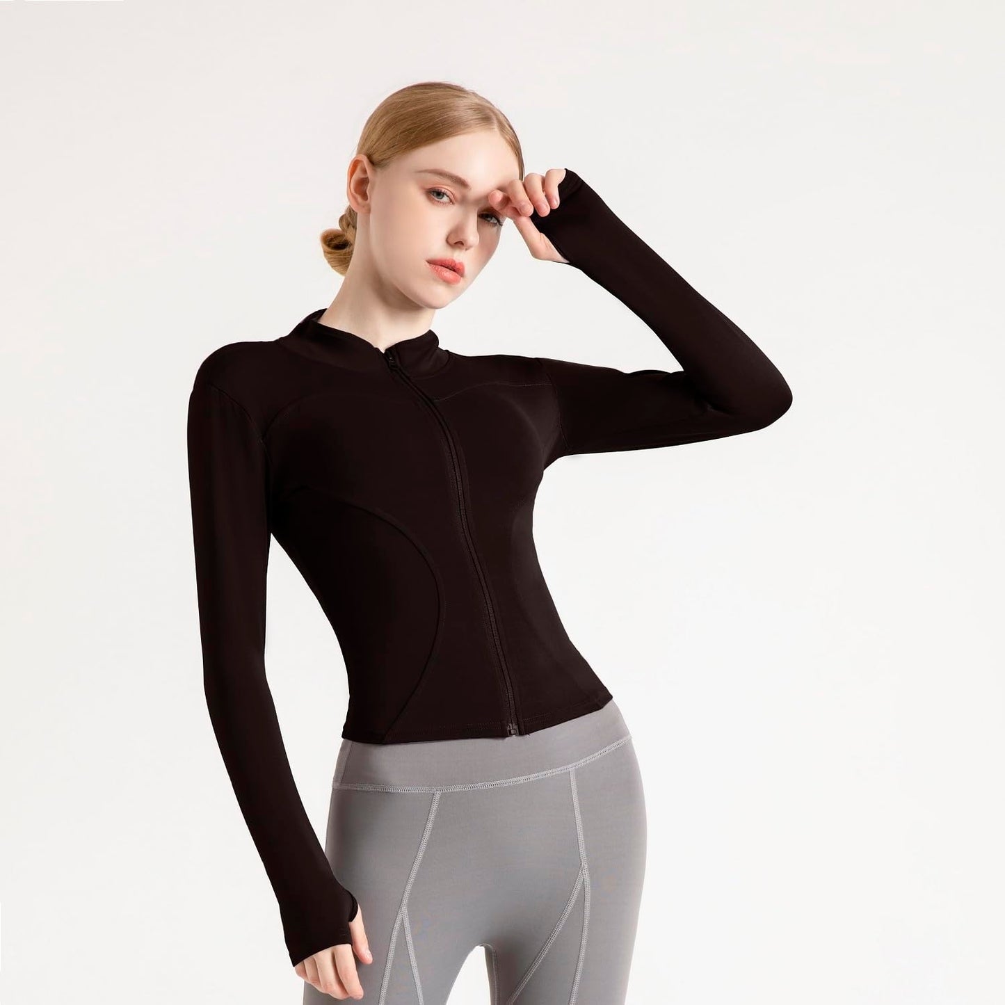 Ncvtang Women's Cropped Lightweight Stretchy Running Track Jackets Full Zip Slim Fit Athletic Tops with Thumb Holes(Coffee,XS)