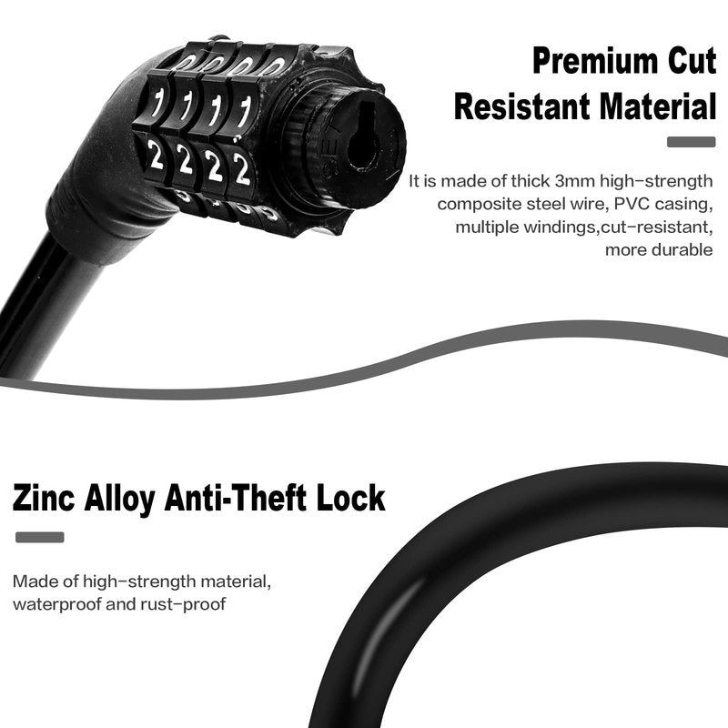 Fusiontec Bike Lock Cable, Bike Locks Heavy Duty Anti Theft, 2 Pcs Security 4 Digit Resettable Combination Bike Cable Lock, Portable Code Lock Cable for Bicycle, Black