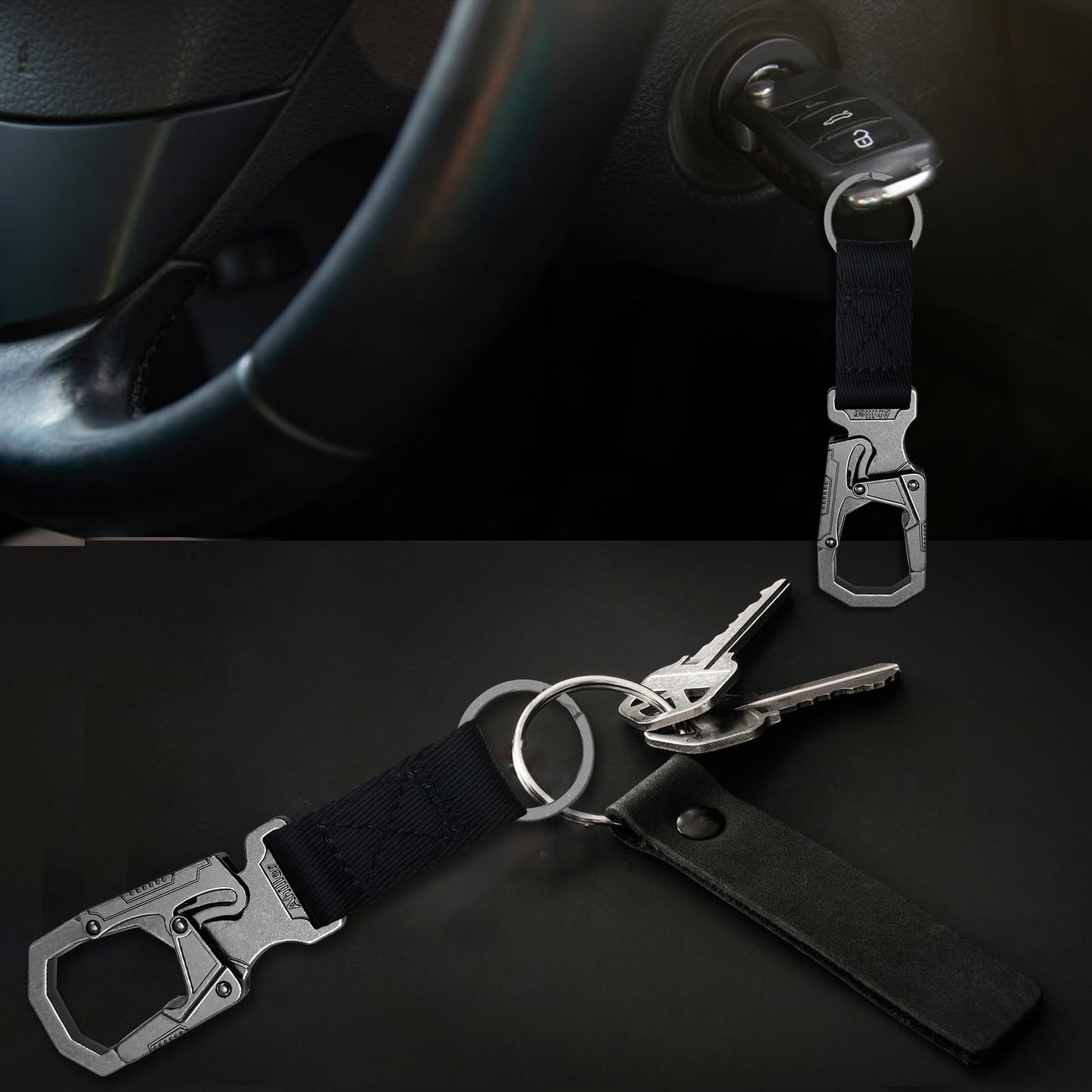 Heavy-Duty Metal Keychain Unisex Carabiner Durable Keychain for Adults self-Locking Door Clip Keychain Suitable for car/House Keys(Black-1P)