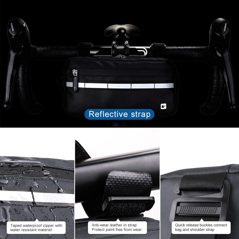 Rhinowalk Bike Bag, Bike Handlebar Bag, WaterproofBike Basket Bicycle Front Bag Shoulder Bag Waist Bag for Sport Bicycle Professional Cycling Accessorie-Black
