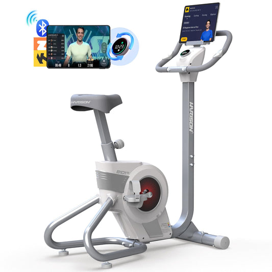 HARISON Electromagnetic Self-powered/Magnetic Upright Exercise Bike 350lbs Capacity, Bluetooth Stationary Bikes for Home with 2 in 1 LCD Monitor and Tablet Holder, Comfortable Seat Cushion