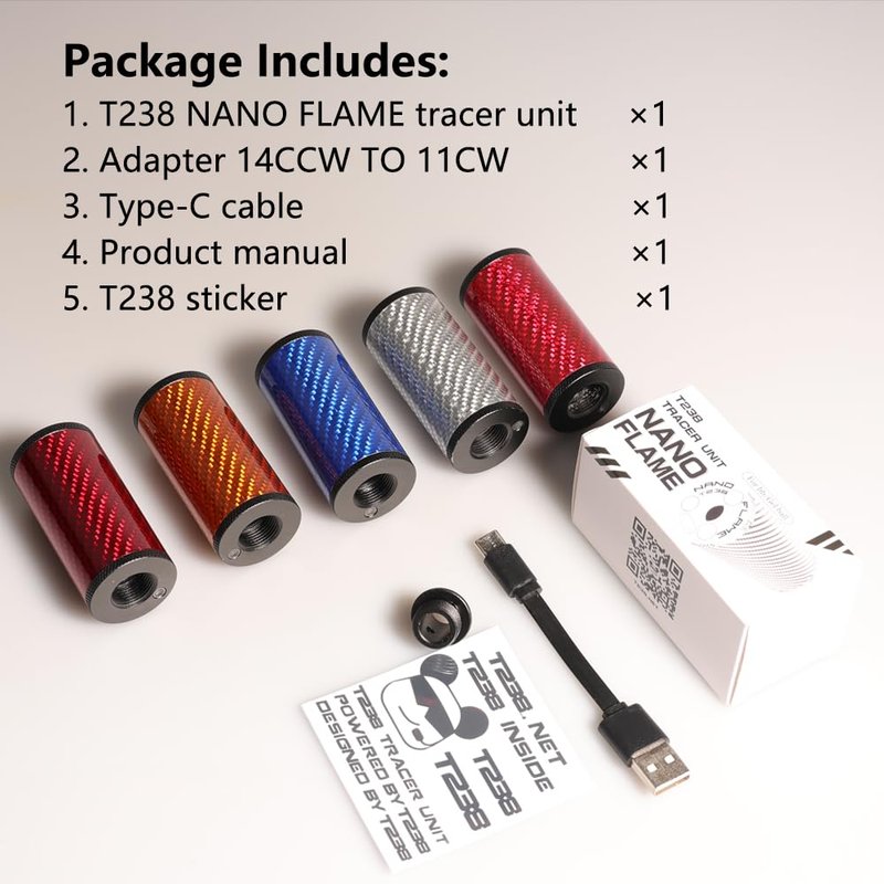 T238 Airsoft Nano Flame Pistol/Rifle Tracer Unit with 14mm CCW Thread Interface and Type-C Charging Port, 14mm CCW to 11mm CW Adapter