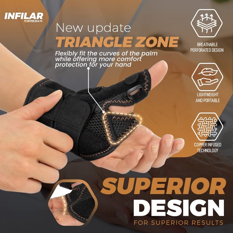INFILAR Copper Infused Thumb Brace for Men and Women - Comfortable CMC Thumb Brace Spica Splint for Pain Relief, Tendonitis, Thumb Wrist Stabilization Support for Right & Left Hand - Universal Size