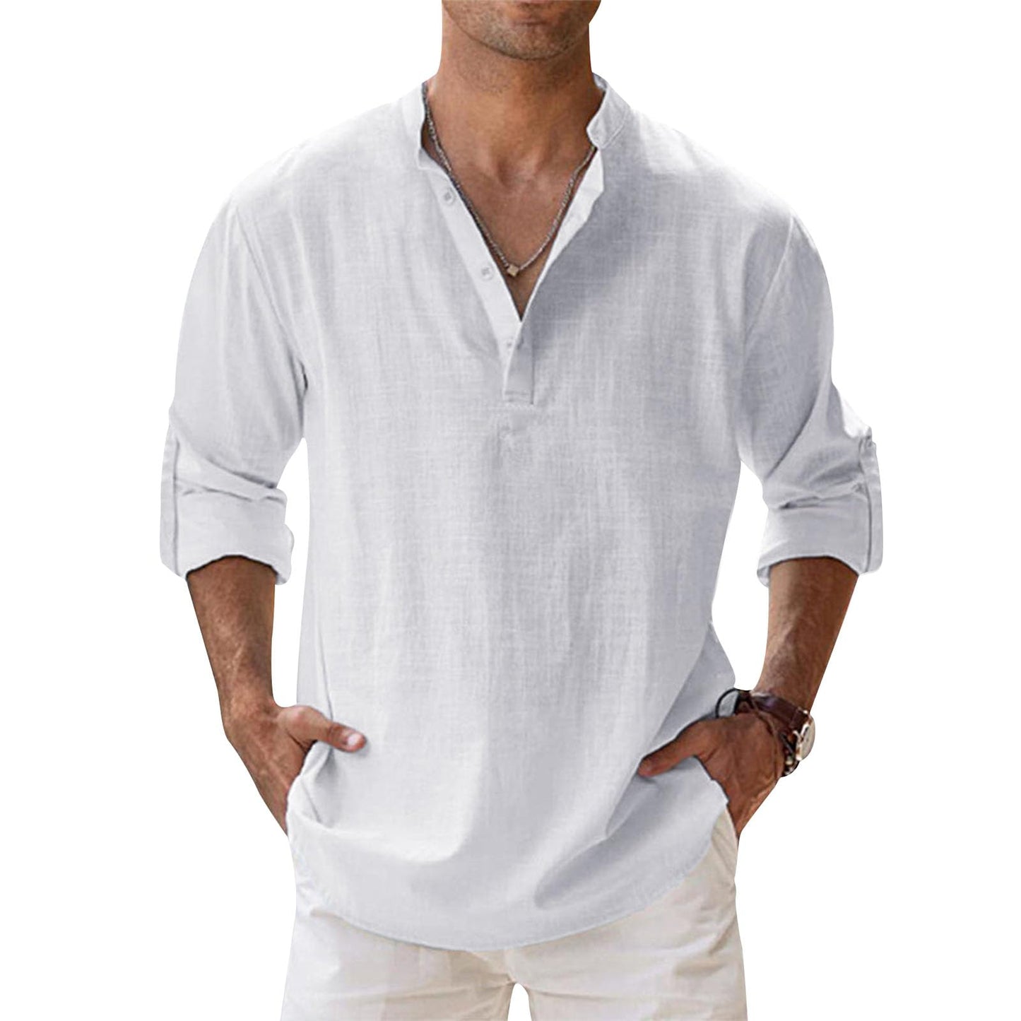 Button Down Shirt Men Hippie Casual Beach Business Cotton Linen Long Sleeve Casual Oversized Summer Tops White S