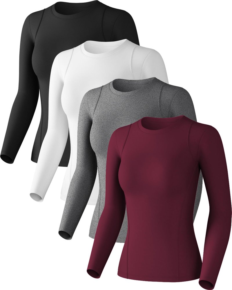 Women's Compression Shirts Long Sleeve Athletic Workout Tops Cool Dry Underscrubs Sun Protection for Gym Yoga Running 4 Pack