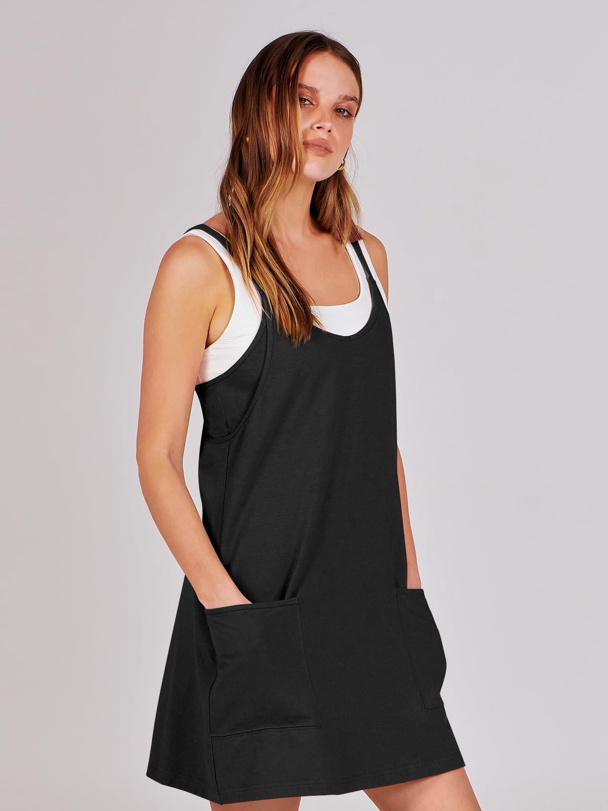 ANRABESS Women Athletic Dress Summer Tennis Workout Active Sports Mini Romper Dress Built in Shorts Travel Vacation Clothes Black X-Smal