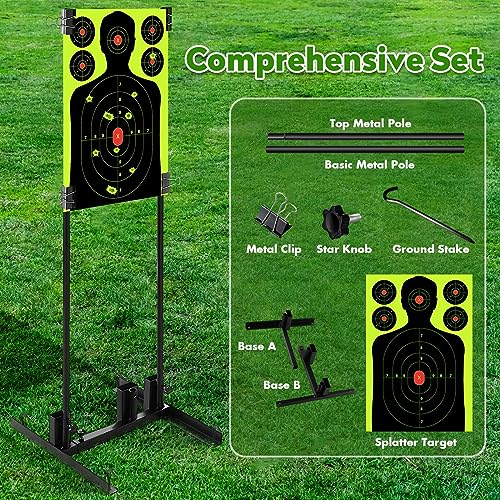 Focusport Adjustable Target Stand Set, Comprehensive Set with 13 x 17 inch Silhouette Splatter Paper Targets, Metal Pole, Two Mounting Options for Shooting Outdoor (1)