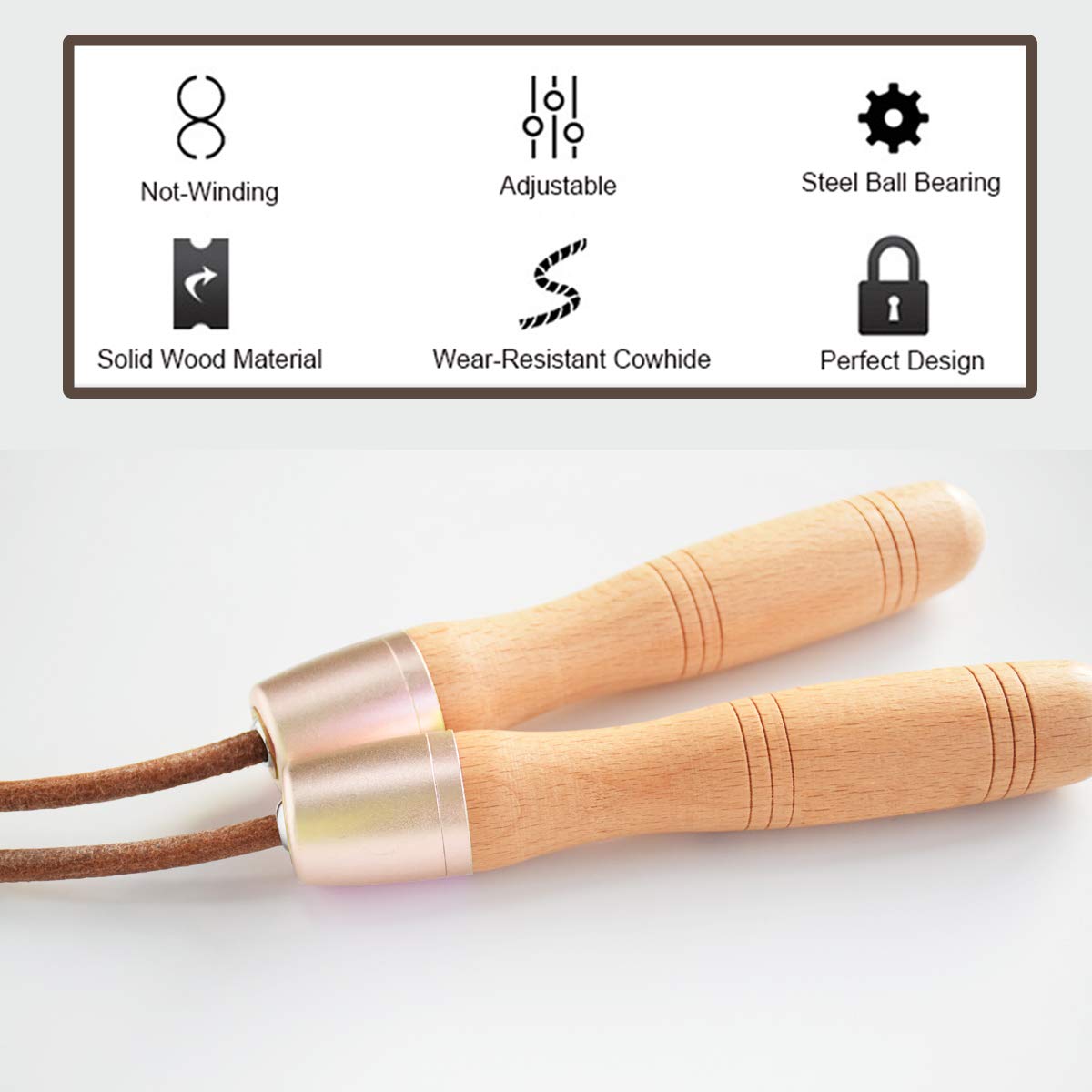 Ahomie Leather Jump Rope, Adjustable Skipping Jumping Ropes, with Rotary Bearing and Pure Wood Handles, for Gym & Home Fitness Workouts