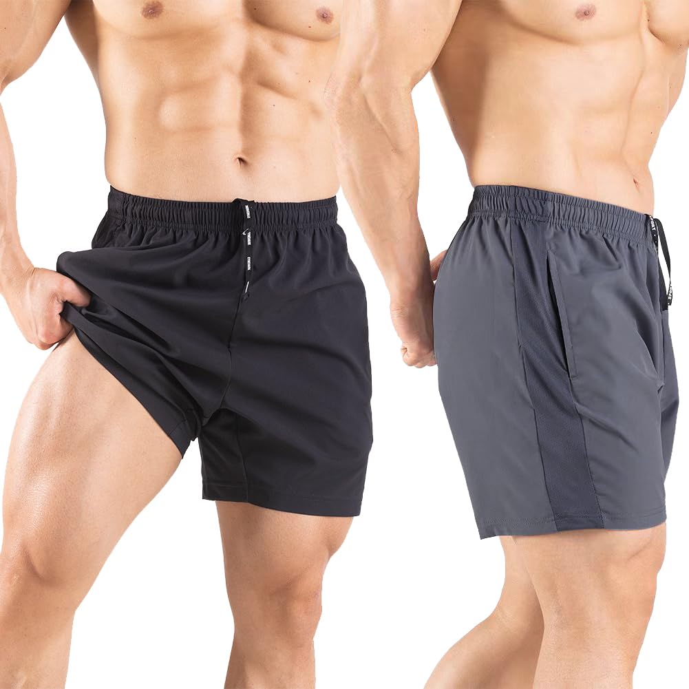 Gaglg Men's 5" Running Shorts 2 Pack Quick Dry Athletic Workout Gym Shorts with Zipper Pockets Black/Dark Grey,X-Large