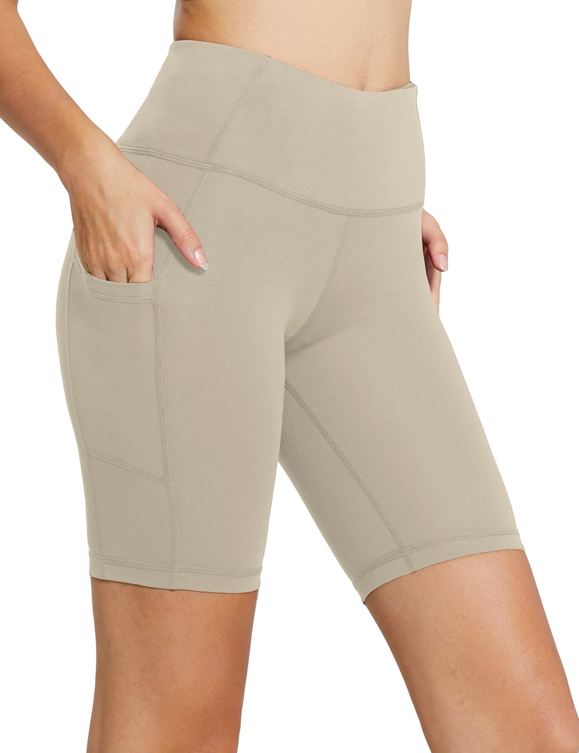 baleaf Biker Shorts Women Yoga Gym Workout Spandex Running Volleyball Tummy Control Compression with Pockets 8" Khaki XXL