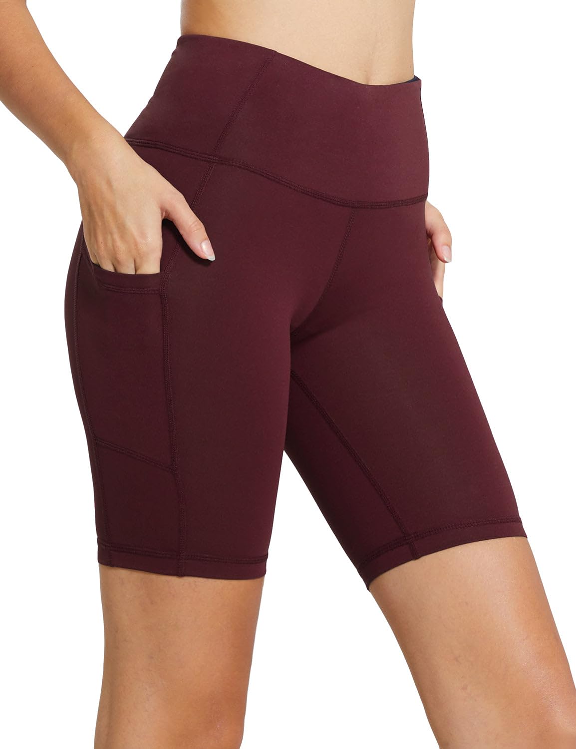 baleaf Biker Shorts Women Yoga Gym Workout Spandex Running Volleyball Tummy Control Compression with Pockets 8" Wine Red M