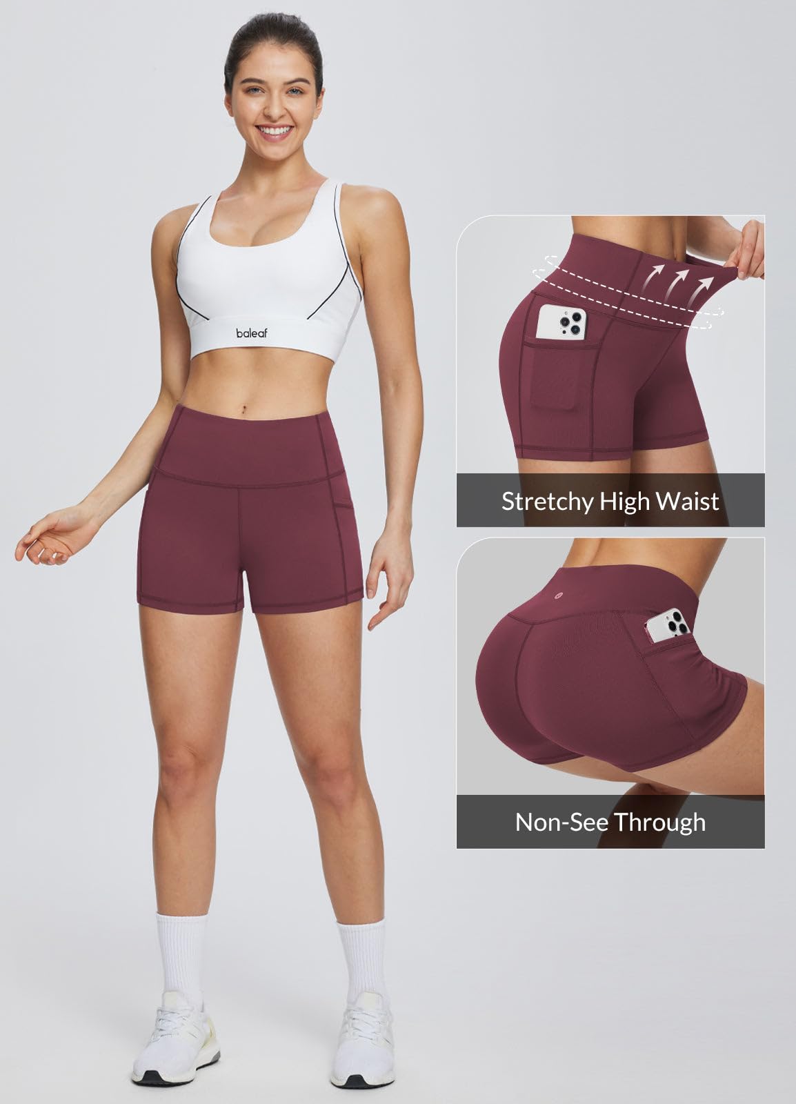 baleaf Gym Shorts Women 3" Biker Workout Yoga Spandex Running Volleyball Tummy Control Compression with Pockets Wine Red S