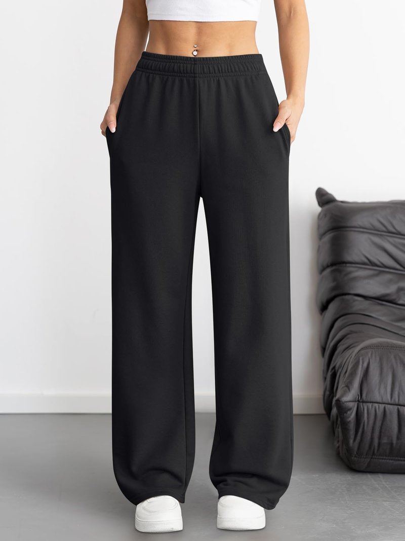 ATHMILE Women's Wide Leg Sweatpants High Waisted Baggy Interior Drawstring Joggers Straight Leg Sweat Pants with Pockets Black