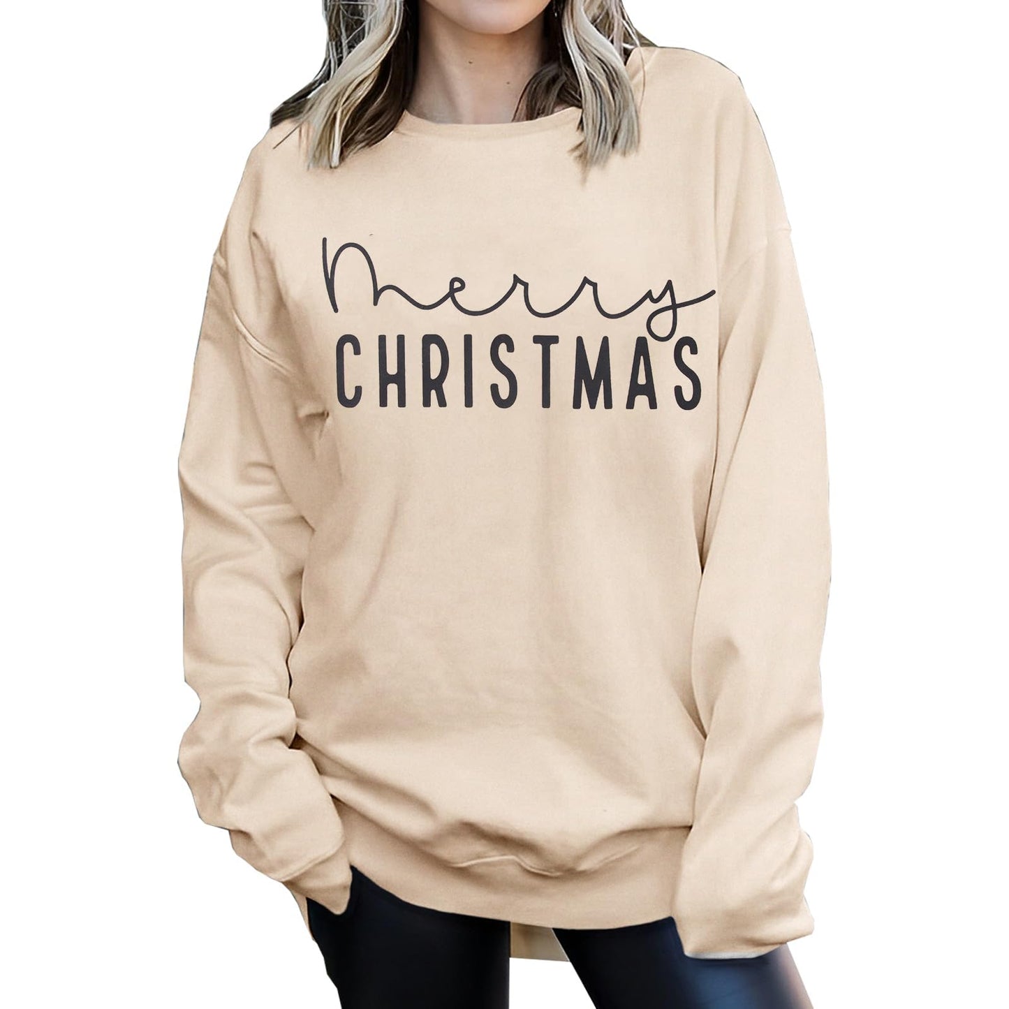 CM C&M WODRO Merry Christmas Sweatshirt Women Crewneck Xmas Holiday Sweater Shirt Winter Long Sleeve Oversized Pullover Tops(Apricot,XLarge)