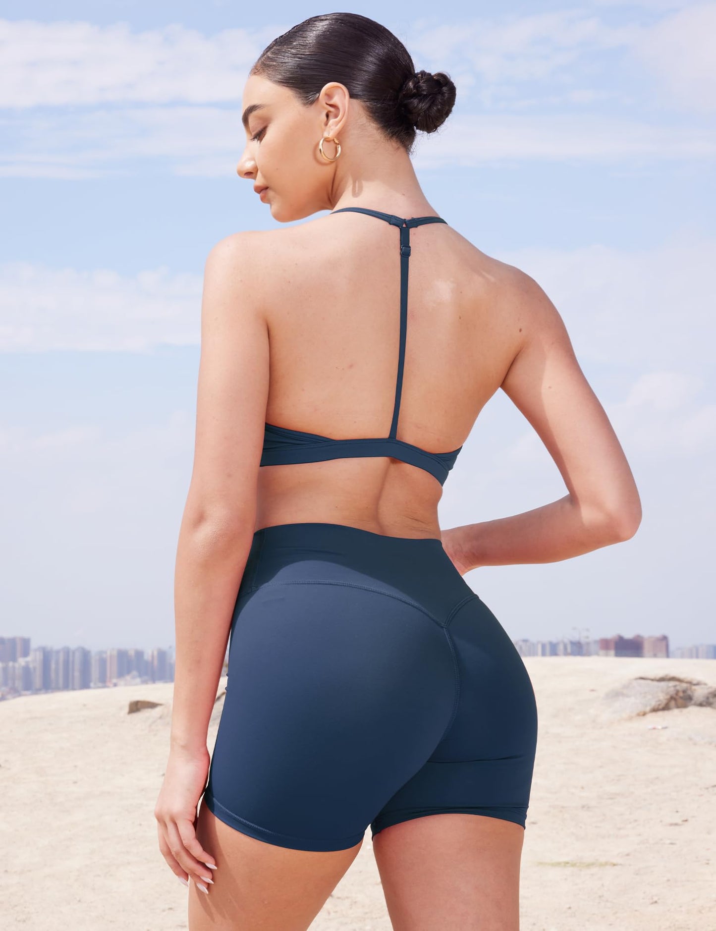 YEOREO Women's Biker Shorts 4.5" / 6" Workout Gym Shorts Craze High Waist Tummy Control Hidden Scrunch Running Yoga Navy Blue L