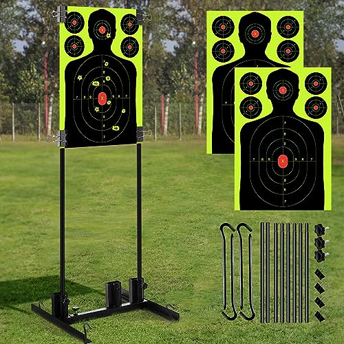 Focusport Adjustable Target Stand Set, Comprehensive Set with 13 x 17 inch Silhouette Splatter Paper Targets, Metal Pole, Two Mounting Options for Shooting Outdoor (1)