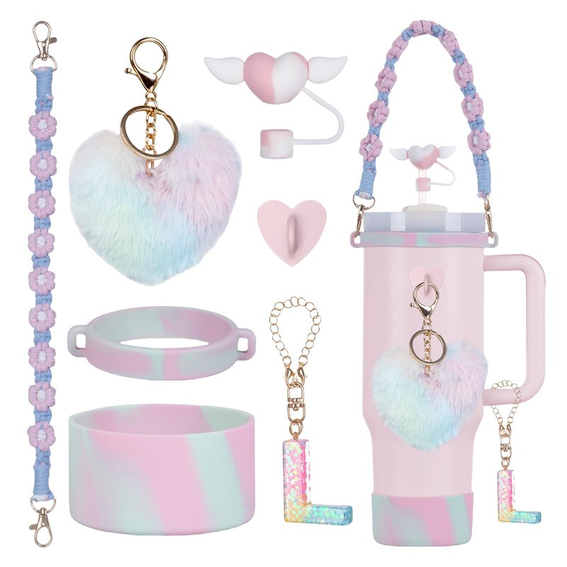 Rabrgab 7Pcs Initial Stanley Cup Accessories Set with Handle, Girls Tumbler Cup Decoration for 40oz 30oz 20oz, Teen Girls Gifts, Including Heart Straw Topper, Charms, Silicone Boot, Letter Charm M
