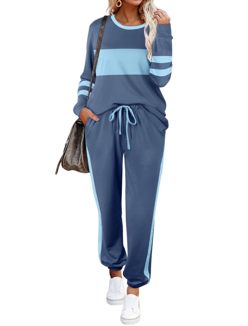Aloodor Lounge Sets for Women Long Sleeve Sweatshirts and sweatpants 2 Piece Sets Light Blue L