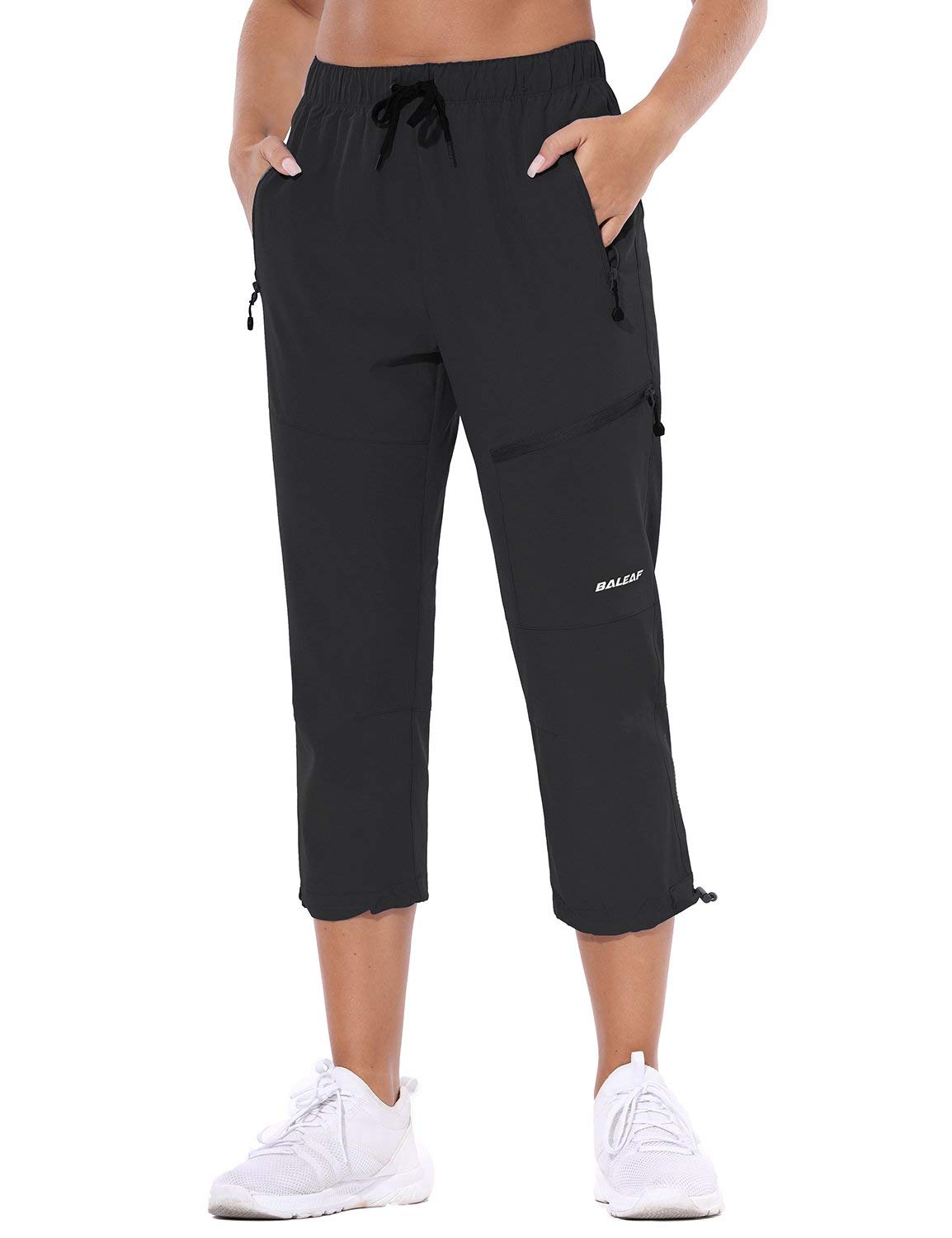 baleaf Women's Hiking Cargo Capris Outdoor Lightweight Water Resistant Pants UPF 50 Zipper Pockets Black Size L