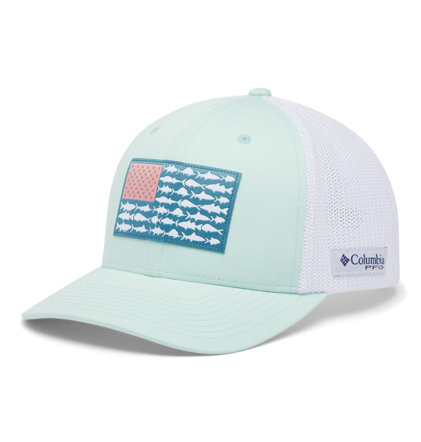 Columbia Unisex PFG Fish Flag Mesh Ball Cap, ICY Morn/White/US Fish Flag, Small/Medium