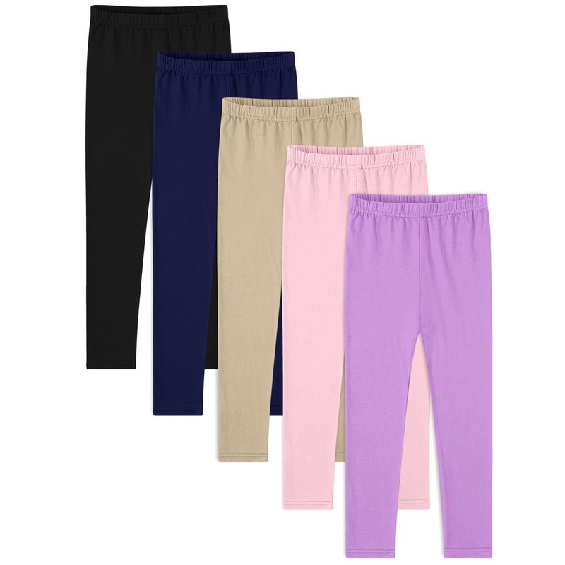 BOOPH 5 Pack Girls Leggings Cotton Full Length Stretchy Kids Pants Footless Black/Navy/Khaki/Pink/Purple 12-14 Years
