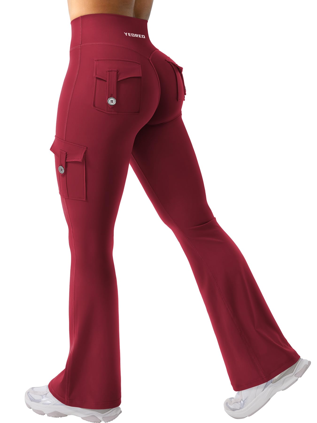 YEOREO CoreFlex Women Workout Flare Leggings with Pockets Hidden Scrunch High Waisted Cargo Gym Yoga No Front Seam Leggings (Wine, Medium, 30" Inseam)