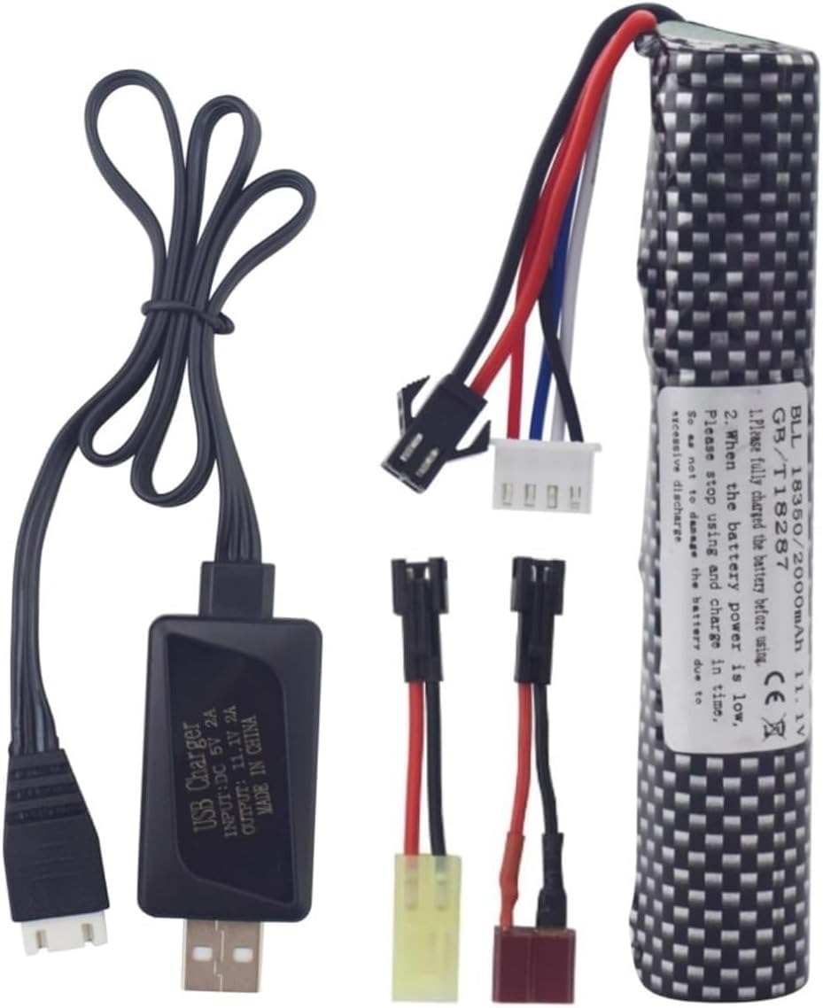 11.1V 2000mAh Li-Ion Battery for Airsoft Gel Blasters - SM-2P Plug & USB Charger | Replacement Power Source