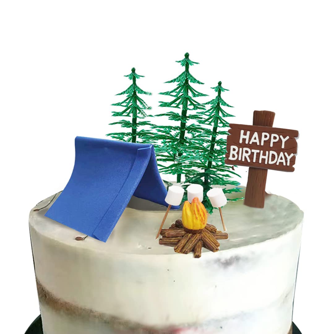 Camp Cake Topper with Tent Campfire Marshmallow Tree and Canp Sign