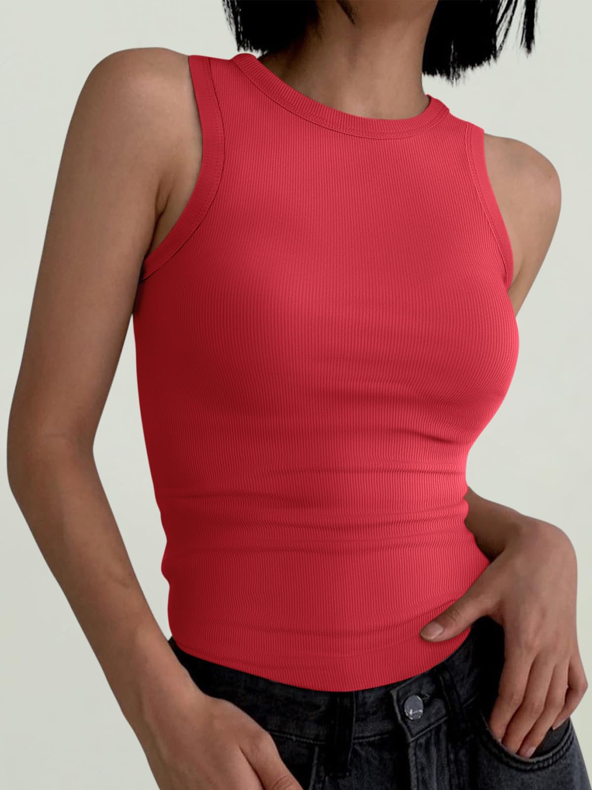 ANRABESS Womens Sleeveless High Neck Tank Tops Fashion Summer Casual Basic Slim Fit Ribbed Racerback Top Shirt Clothes Red-XXL