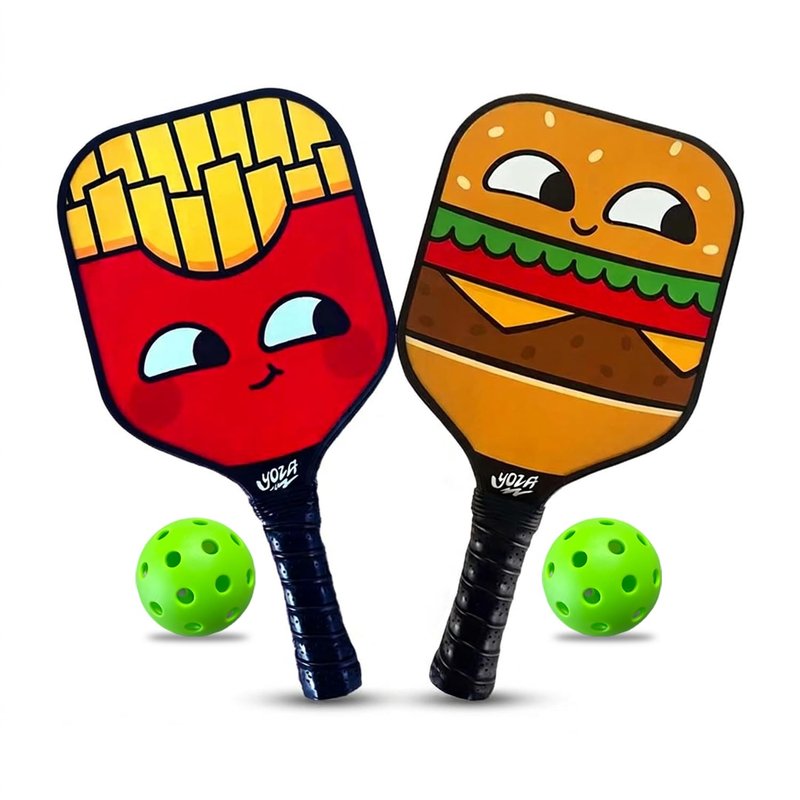 Kids Pickleball Paddle Set of 2 - Burger & French Fries Pickleball Paddles with 2 Balls, Lightweight, Fiberglass, Better Control, Beginner Racket, Perfect Pickleball Gift for Children Ages 4-12, Yoza