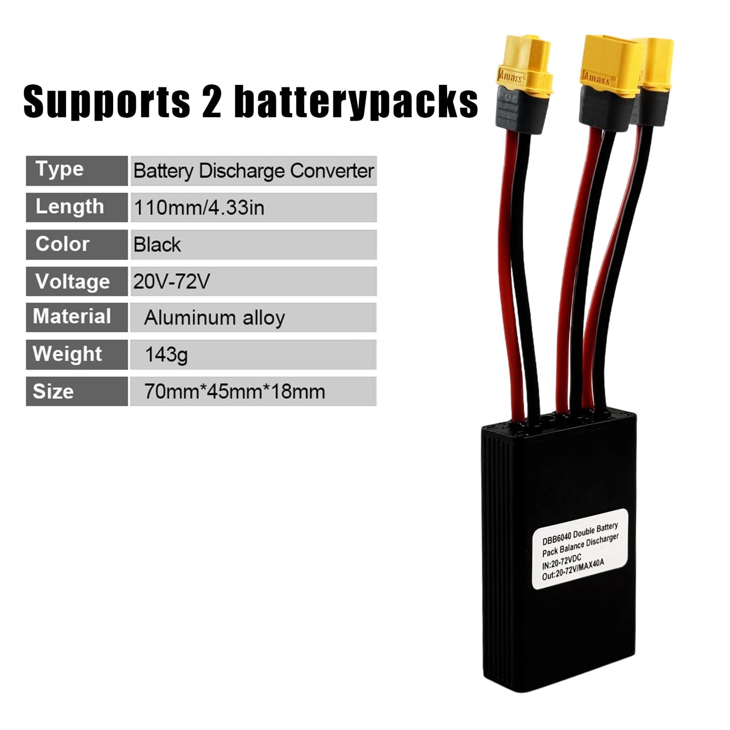 Flylin Dual Battery Connector, 20V-72V Dual Battery Parallel Module Adapter for E-Bike, Dual Battery Pack Switch Balancer for Batteries and Controllers (40A)