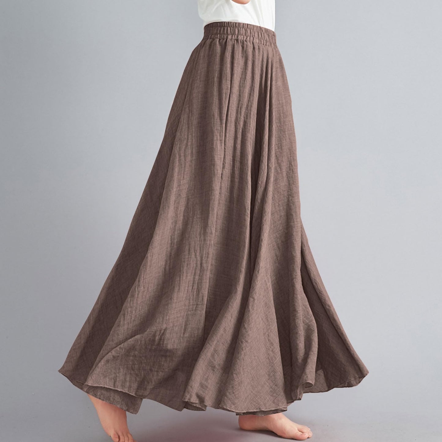 Womens Linen Maxi Skirts Summer Boho Solid Beach Elastic High Waist Pleated A-Line Flowy Swing Long Maxi Skirts Coffee