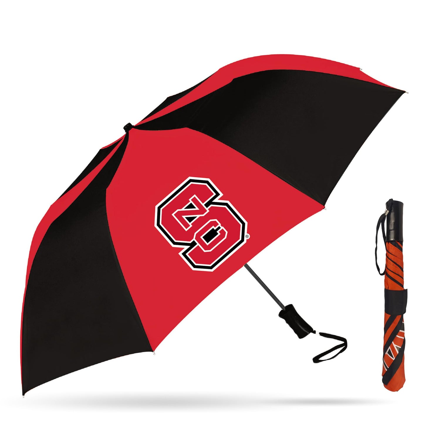 Storm Duds Ultra-Waterproof Sport Umbrella - North Carolina State Two Tone Black and Red - 48” Coverage w/Push Button Automatic Open - Flexible, Wind & Rust Resistant Folds to 17 Inches