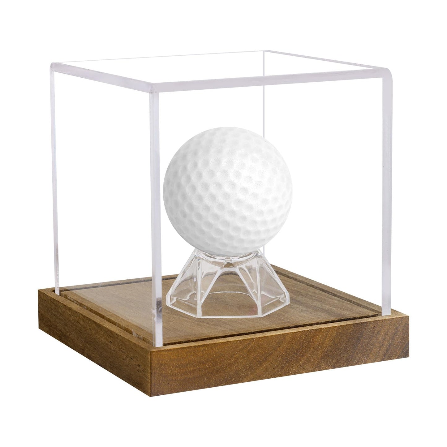 Clear Acrylic Golf Ball Display Case with Wood Base & Acrylic Holder, Memorabilia Stand Cube Holder, Dust Protection Transparent Storage Box for Single Ball Souvenir Golfball Collections