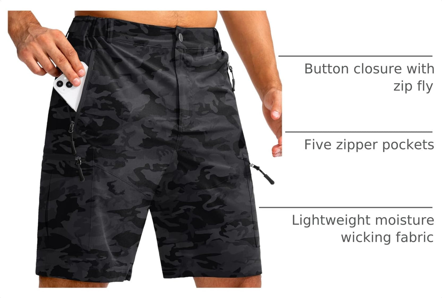 Pudolla Men's Hiking Cargo Shorts 9" Lightweight Outdoor Work Shorts for Men Travel Golf Camping Casual with 5 Zipper Pockets(Black Camo 3X-Large)