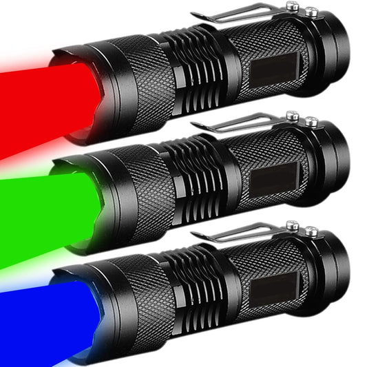 3 Pack Red Green Blue Light Bright Small Flashlights, LED Mini Flashlight High Lumens Pen Light with 3 Modes, Zoomable Torch with Clip, Flash Light for Camping,Outdoor,Emergency