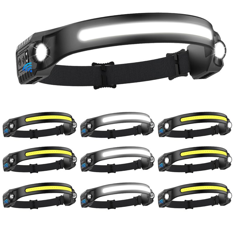 Headlamp Rechargeable 10Pack, 230° Wide Beam Head Lamp with 2 Spotlights, LED Headlamp with Motion Sensor, 5Mode Rechargeable Headlamp, Head Lights for Forehead, Headlamps for Adults Running Hard Hat