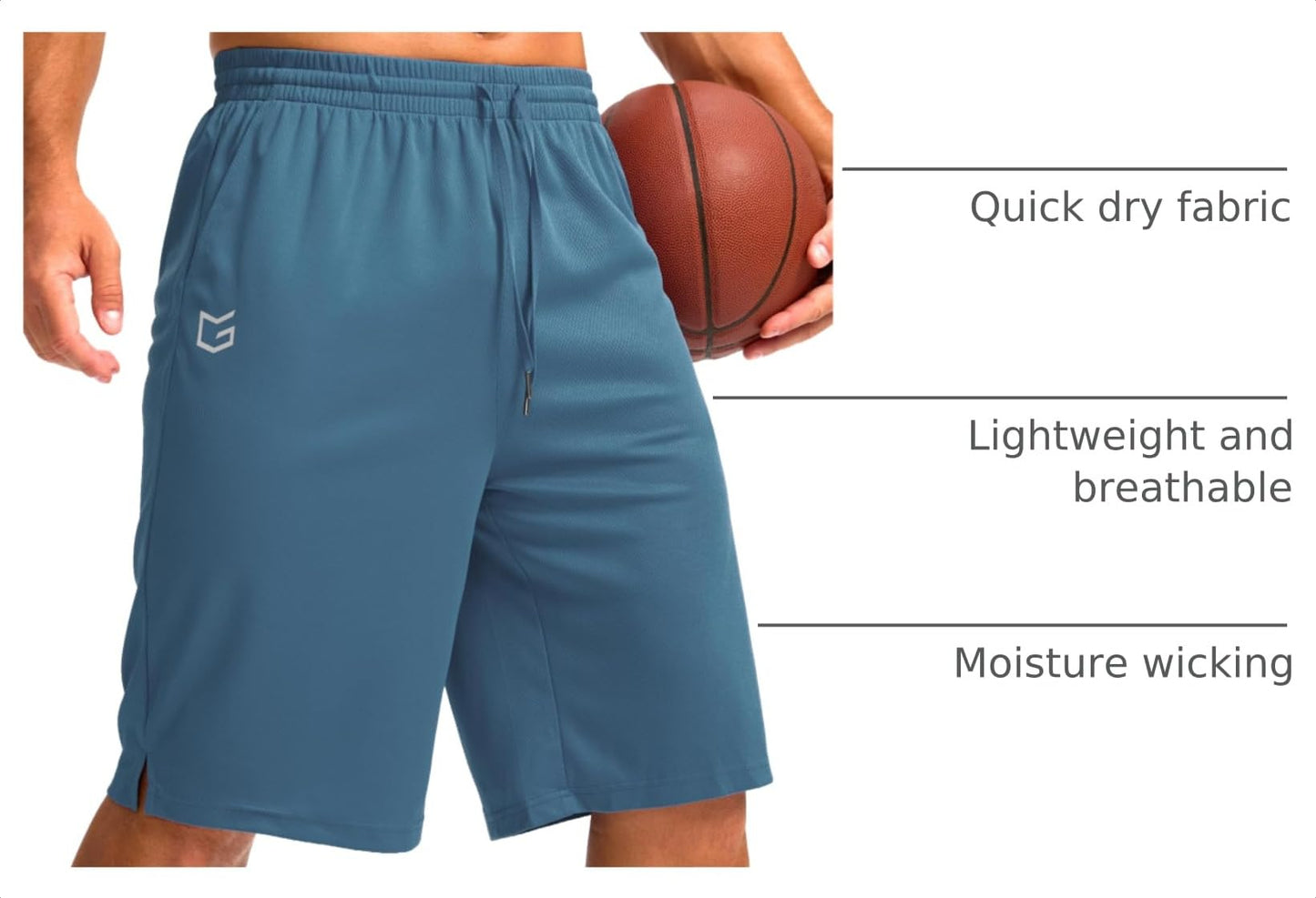 G Gradual Men's Athletic Shorts with Pockets 9" / 11" Long Basketball Shorts Lightweight Quick Dry Gym Workout Shorts for Men(Dusty Blue,XXXL)
